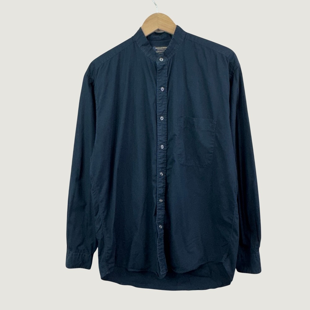 Gitman Bros Nordstrom Shirt M Navy Blue Band Collar USA Made Minimalist Classic